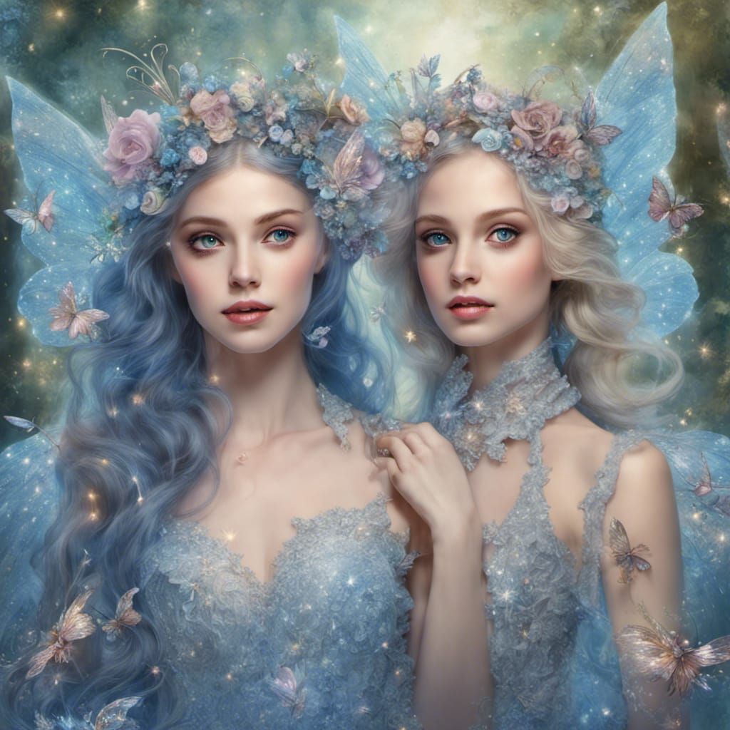 Two beautiful fairies in a fairy glade.