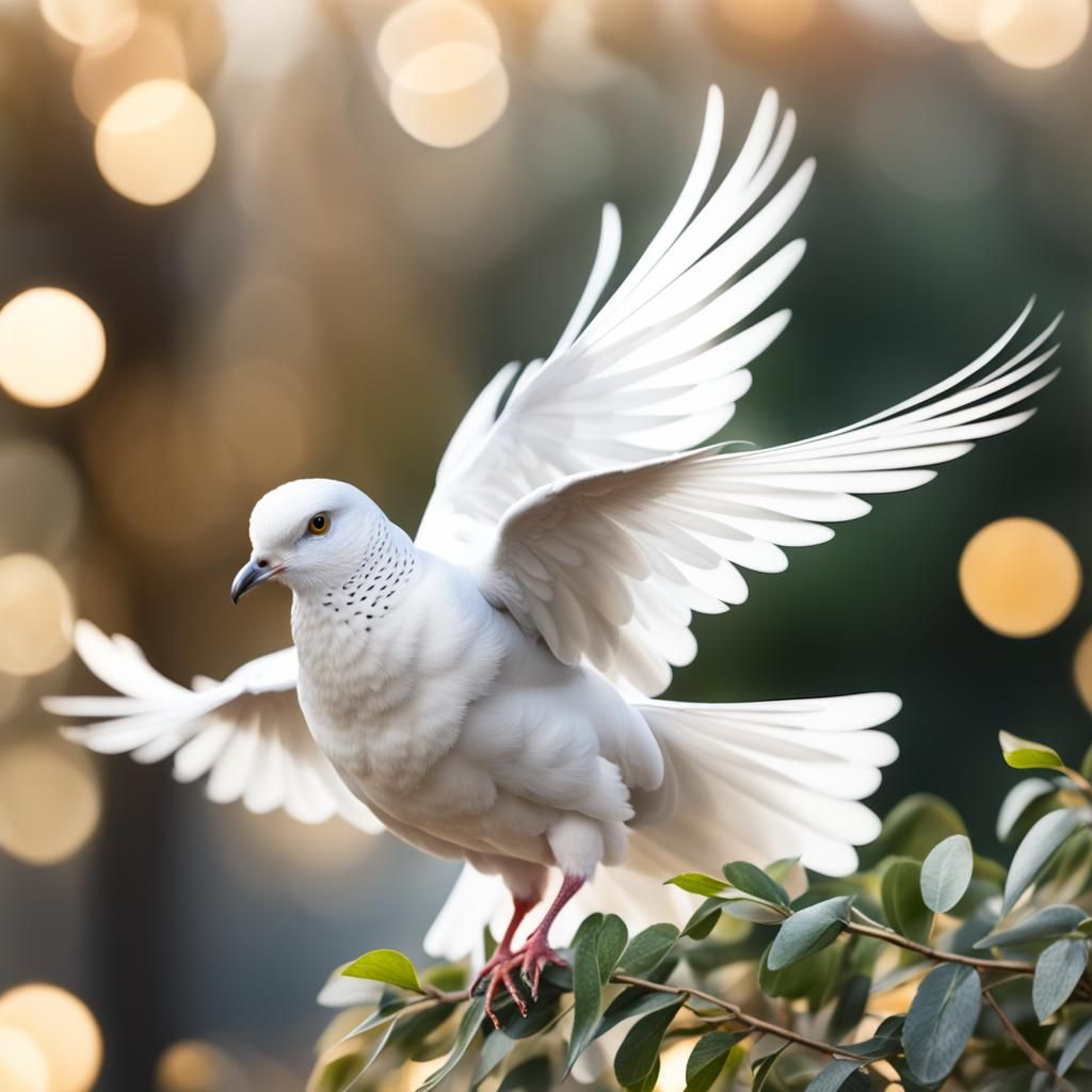 adorable hyperrealistic dove   white long large  open Wings