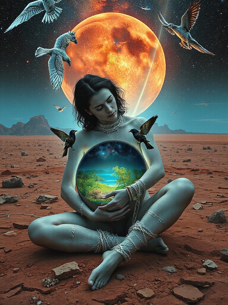  A woman with a detailed body like parched earth, revealing a bioluminescent oasis within, resting in a barren landscape under a neon mirage...