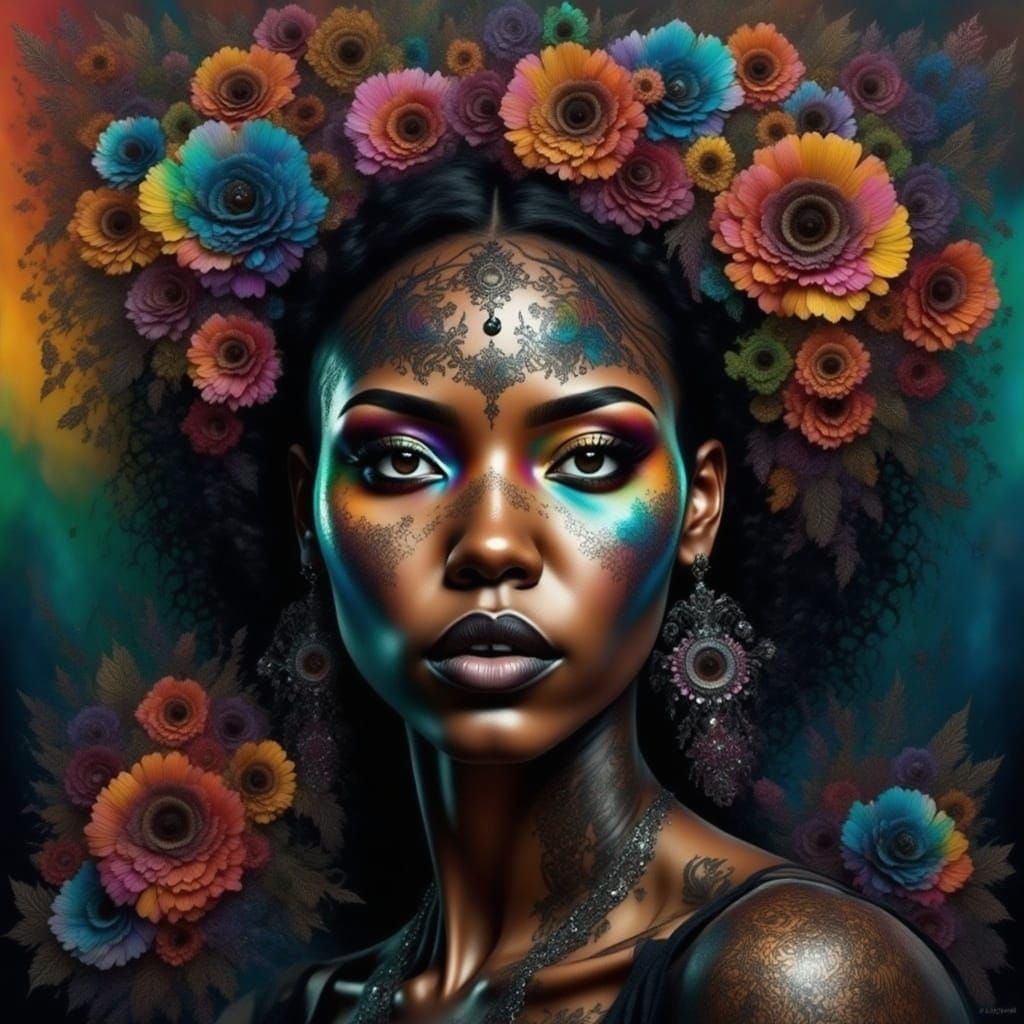 <lora:Floral Intensity:1.0>  black woman portrait, bright rainbow lace flowers, rainbow hair, black and brown background, luminous, glitter,...