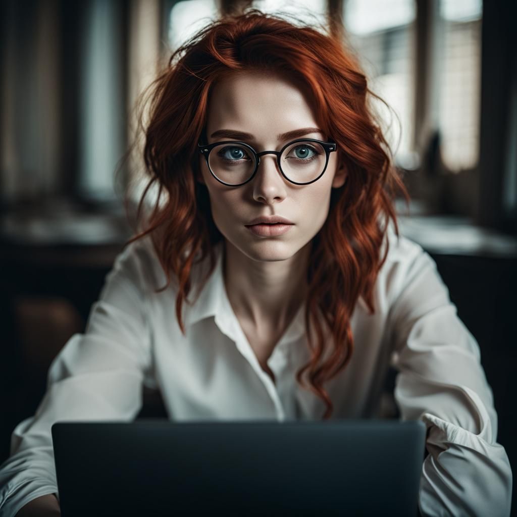 young woman with glasses, Redhead, bob,  big eyes, cheekbone...