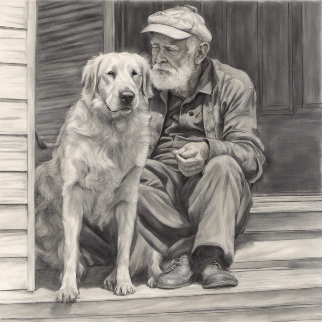 Old man and his dog sitting together on front porch