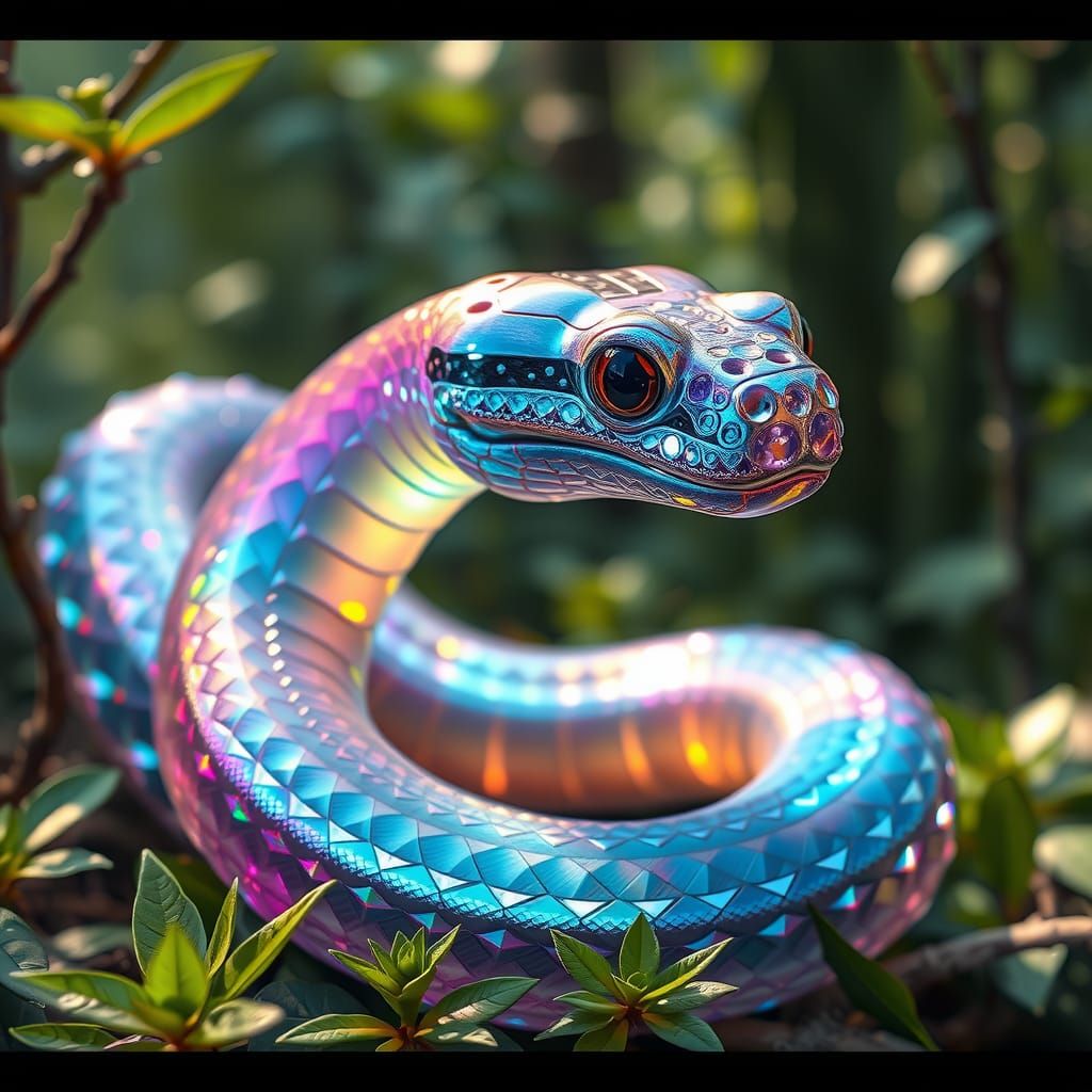 Iridescent holographic opalescent  crystal glass snake