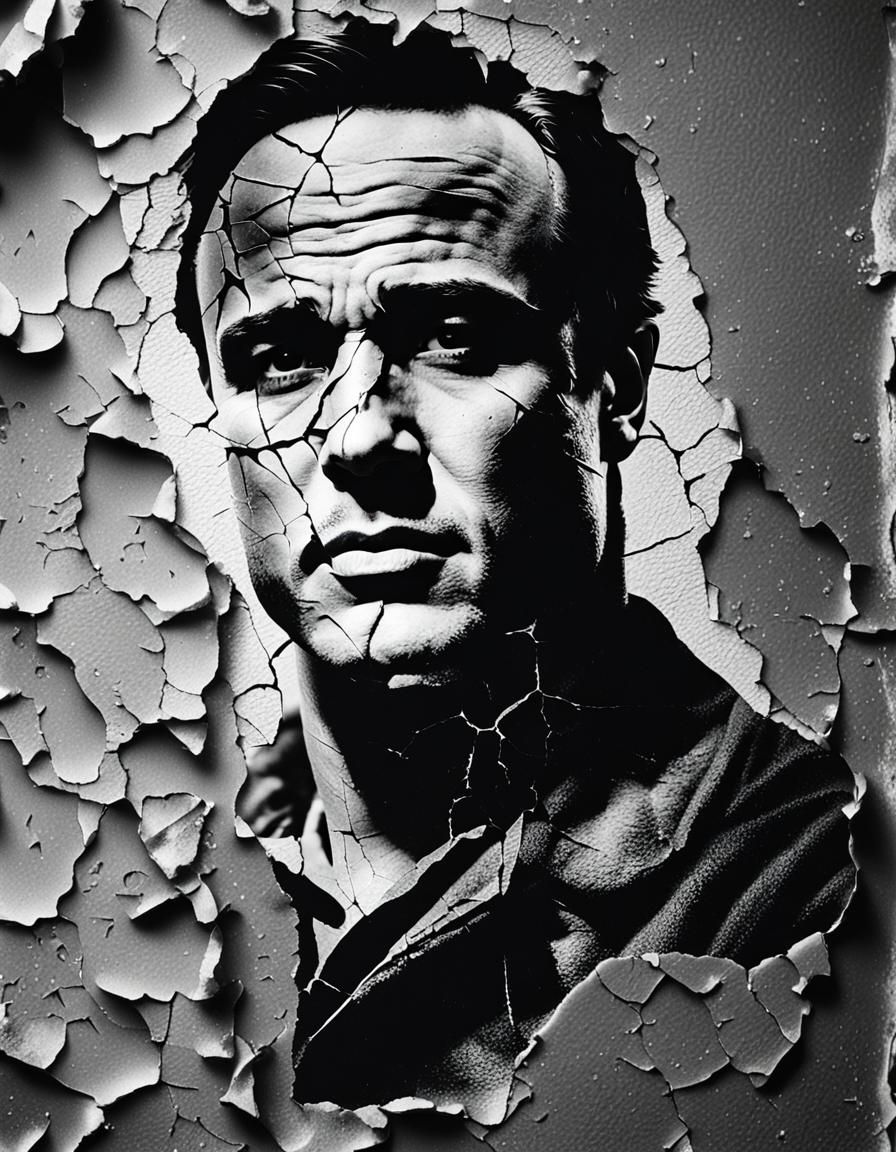 A black and white portrait of Marlon Brando, is visible thro...