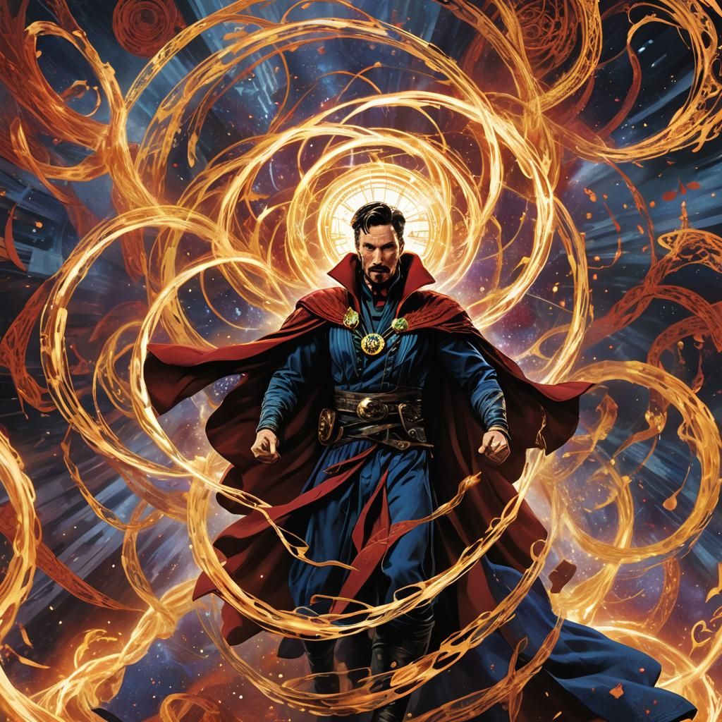 In the image, Doctor Strange, the Sorcerer Supreme, stands a...