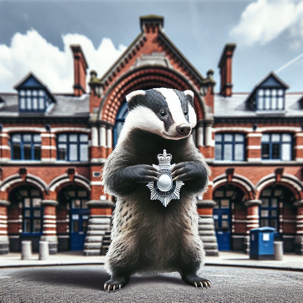 A badger standing on hind legs is holding a badge. A badger ...