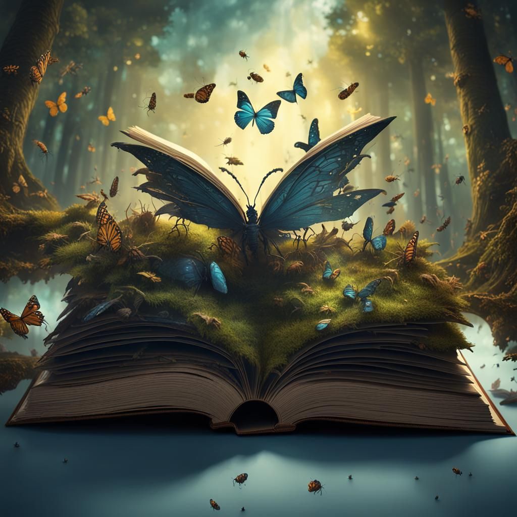 Letters and words emerge from an open book, insects and butt...