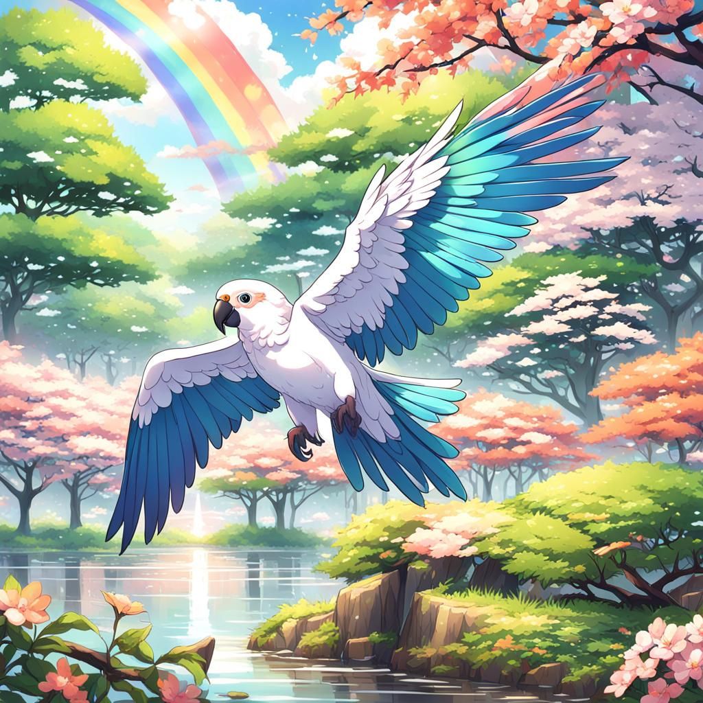 Anime Parrot in Sakura Trees After Rain