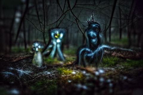 Creepy Abandoned forest at night, dark spirits around sinist...