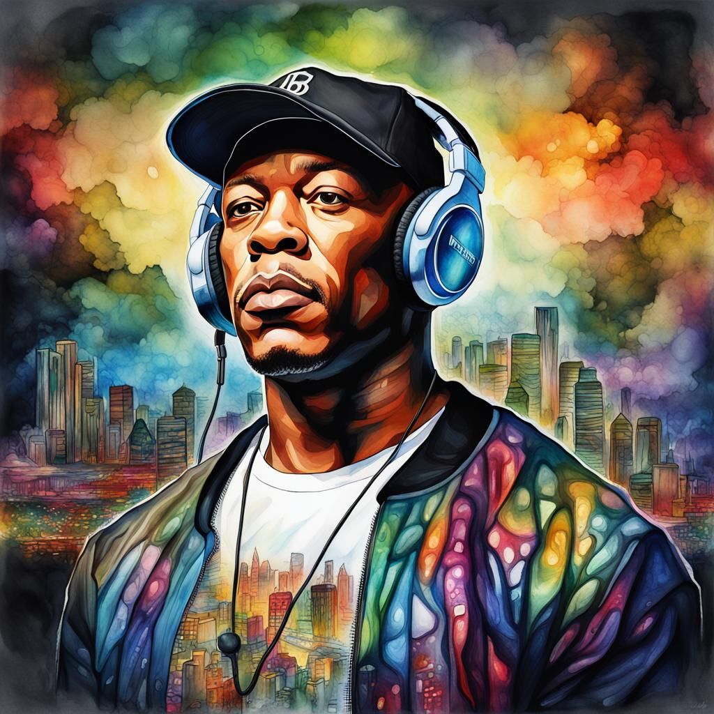 Dr. Dre, Black man, headphones, baseball cap, music in the a...
