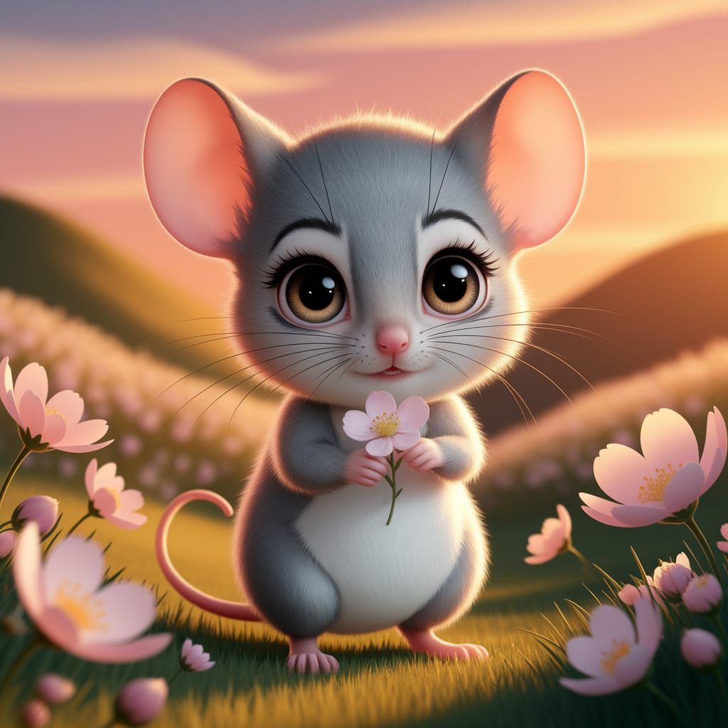 Shy Chibi Mouse in Sunset Flower Field