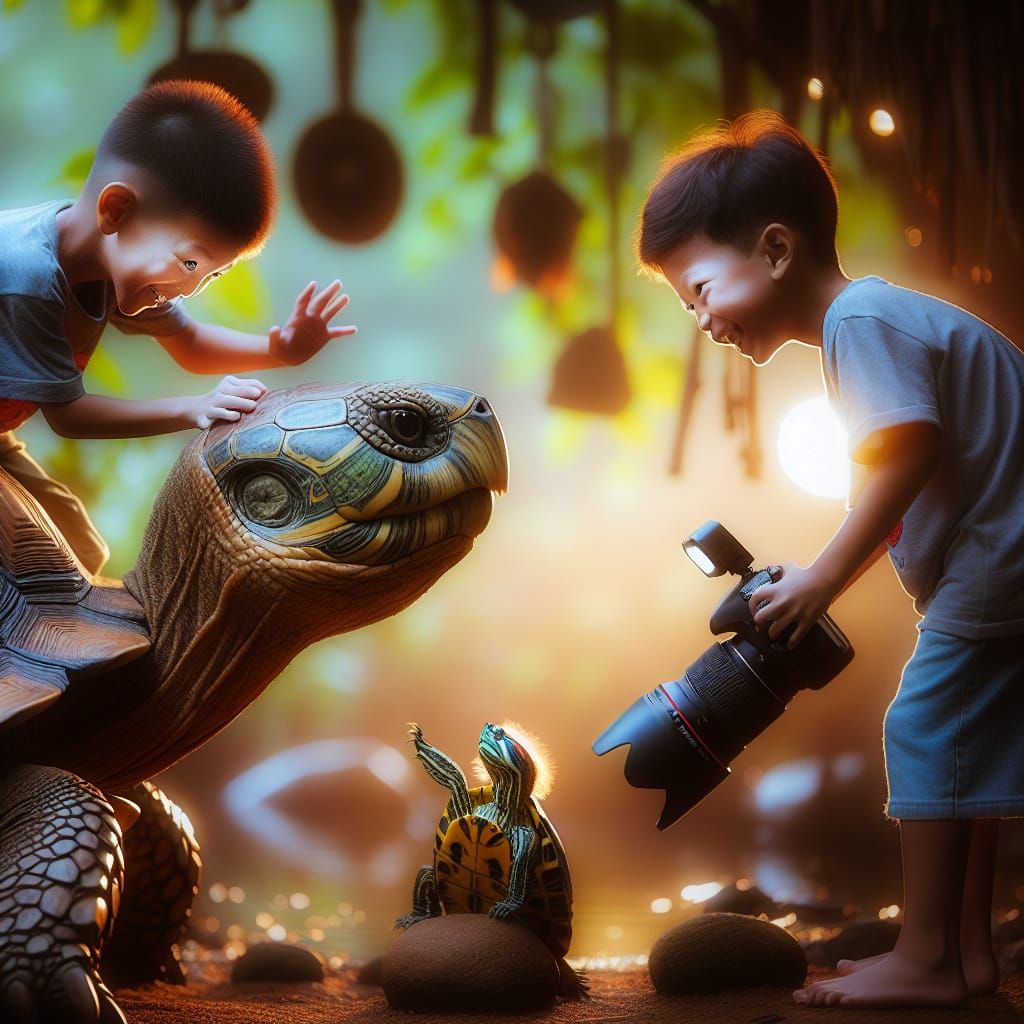 Tom and Tim Tickle the Turtle - AI Generated Artwork - NightCafe Creator