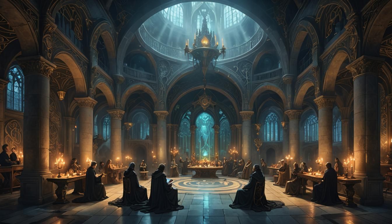 An underground sanctuary beneath a bustling city, featuring ornate architecture with ancient symbols. Members of a secret society gather aro...