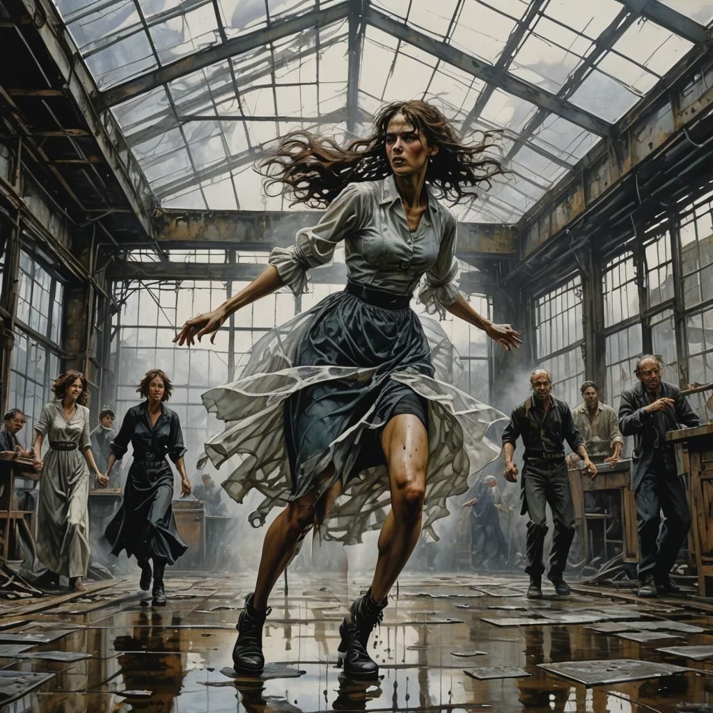 portrait dystopian bridesmade dancing, glass roof,, factory wet wash horror  Wadim Kashin, Bernie Wrightson