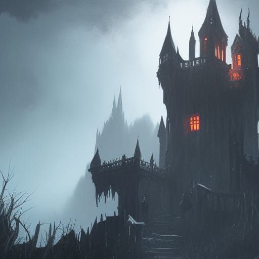 count dracula stands in front of his castle in the moonlight...