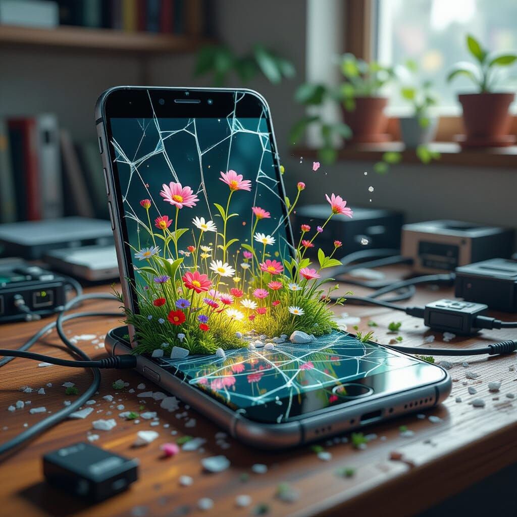 Picture a vibrant garden growing inside a cracked smartphone. Tiny flowers and lush greenery sprout from ...  by @Bushra