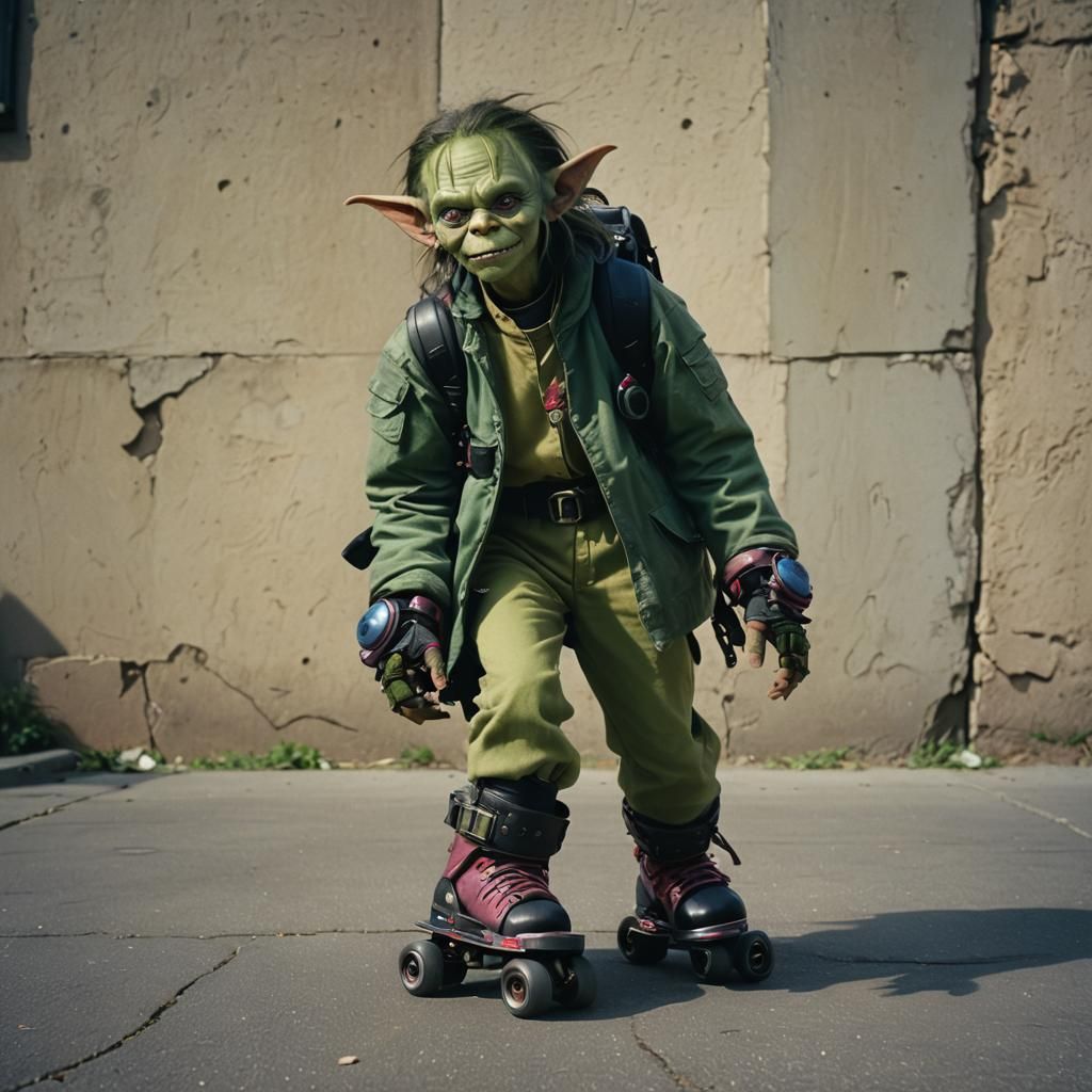 Cute goblin girl, wearing roller blades