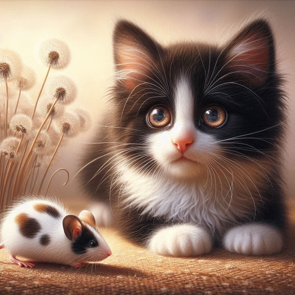 Cute tuxie and a spotted mouse