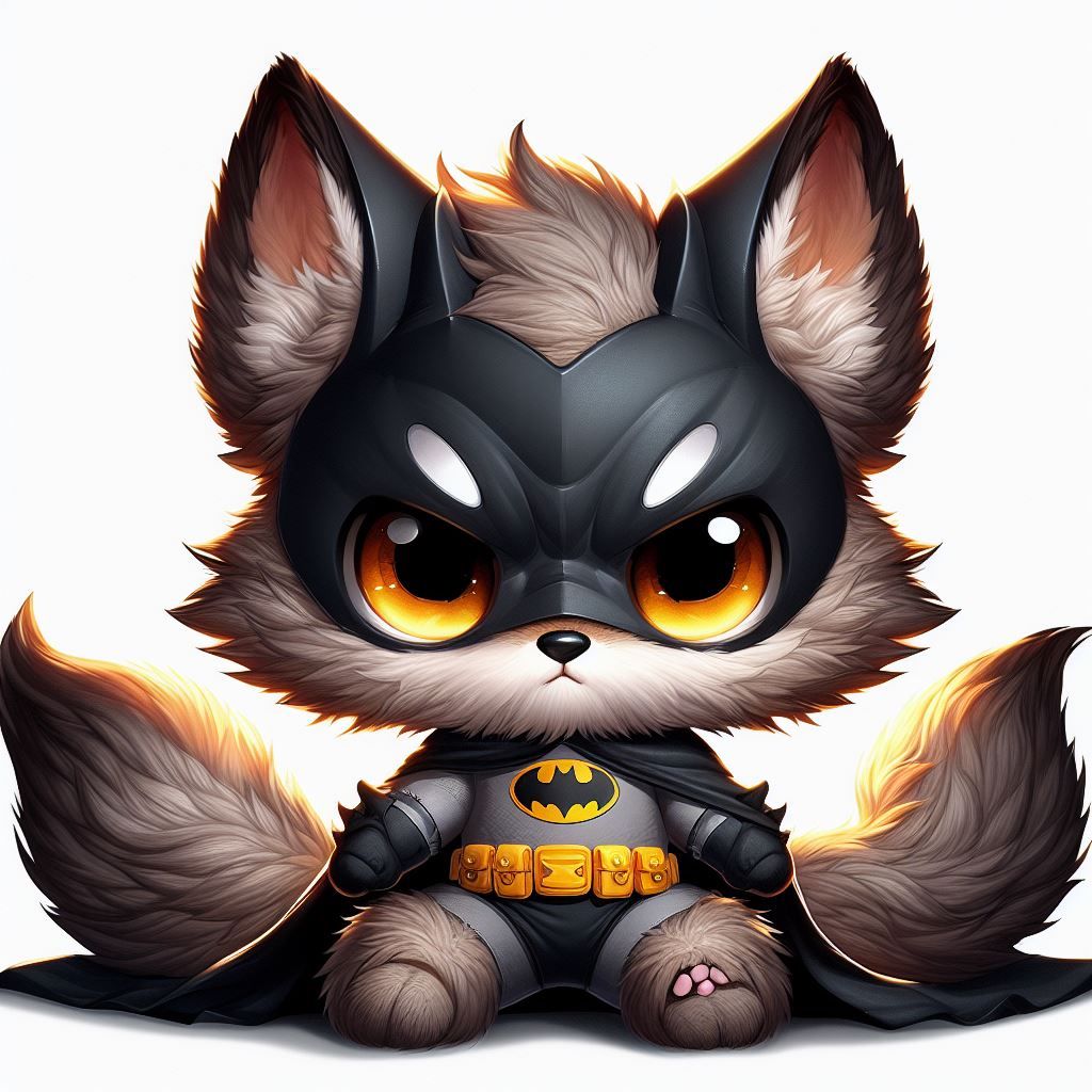 Chibi adorable anthropomorphic furry cat wearing Batman costume