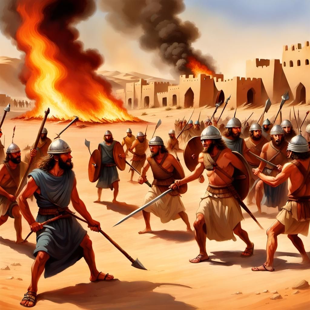 3000 years ago middle east stone age army fighting with club...