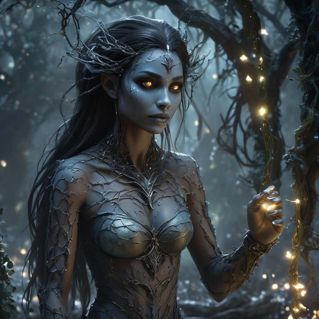 Female, Dark elf, Wraith features, Living underground, Darkness, Feeding from unnatural lightsource horror Gustave Doré Greg Rutkowski