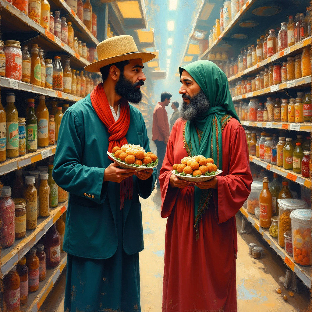 Yemenite Family Navigating an Israeli Market, Painterly Styl...