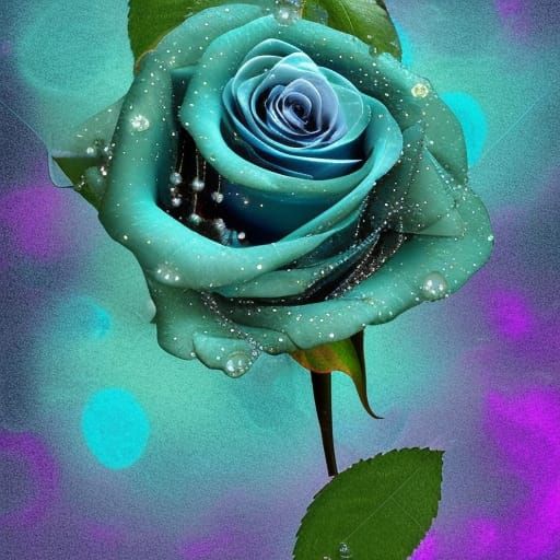 Teal green rose, alone,  with silver sparkly bits on edges o...