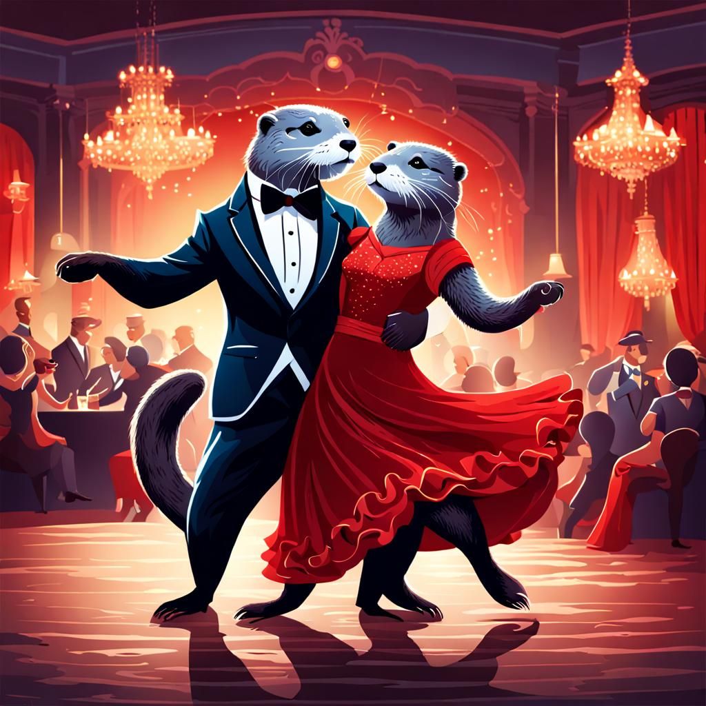 A well dressed otter couple dancing tango