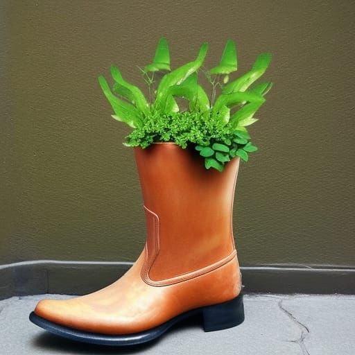 a boot with a plant in it