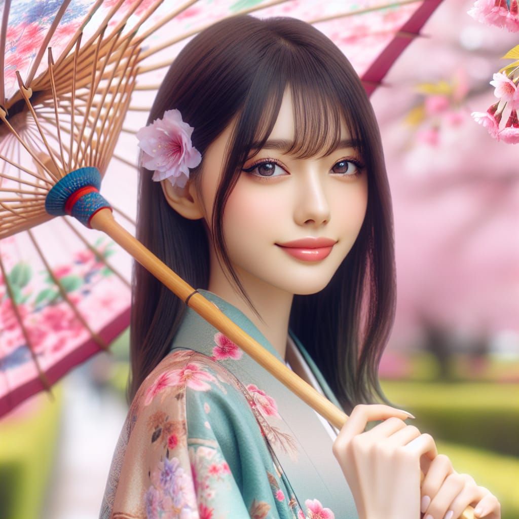 Girl with Umbrella in Spring Cherry Blossoms