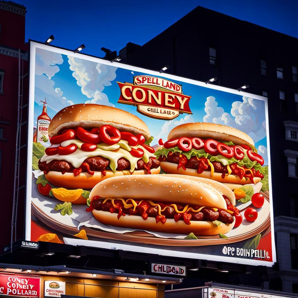 Spell "Coney Land" on a billboard that is surrounded by cart...