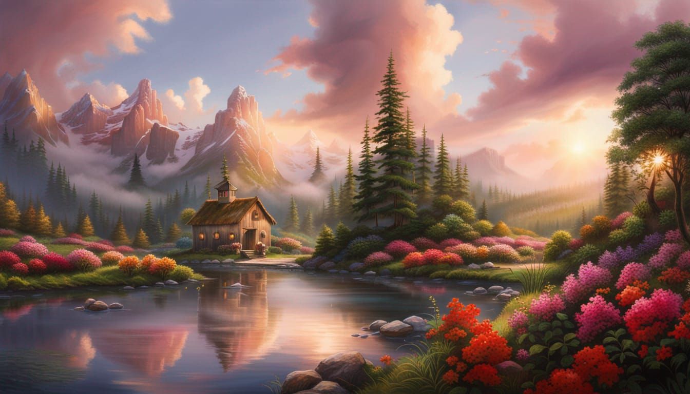 Serene mountain lake cabin