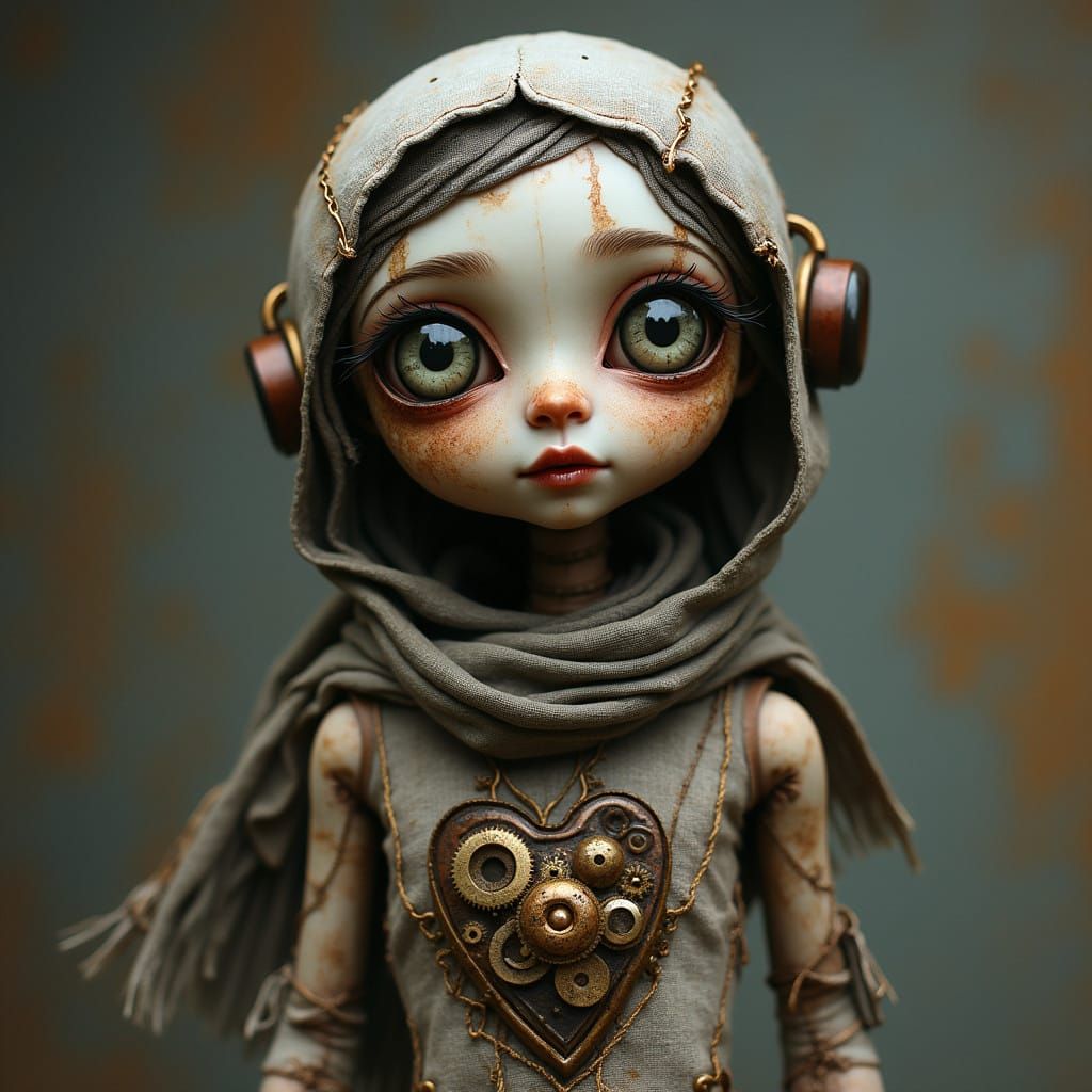 A slender, humanoid figure crafted from patchwork fabric and metal, with large, expressive button eyes. Her seams are stitched with fine cop...