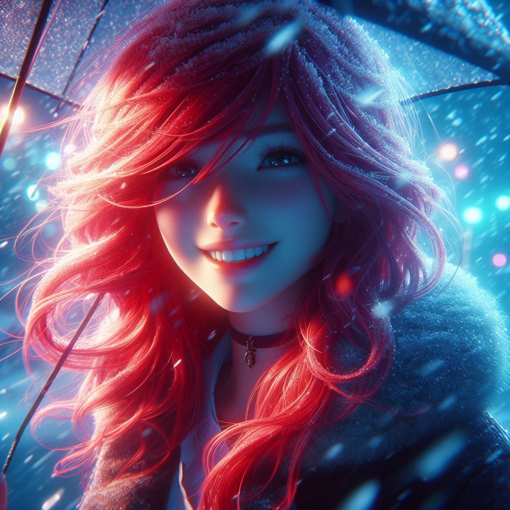 a red haired girl smiling under the snow