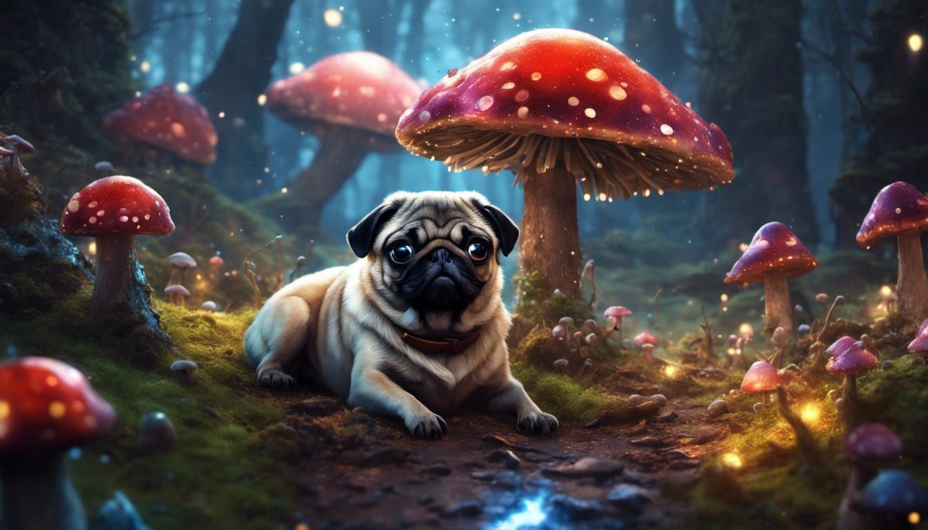 Pug Relaxing in a Fantasy Forest