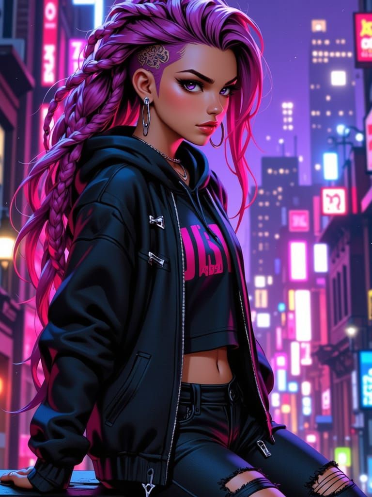 Glamorous Bratz-Style Hispanic Woman Over Neon City