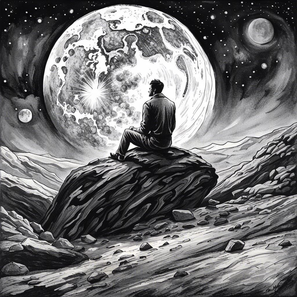 A madly handsome man sits on a rock on the moon and misses his lost lover. The earth is breathtakingly ...  by @Djiel