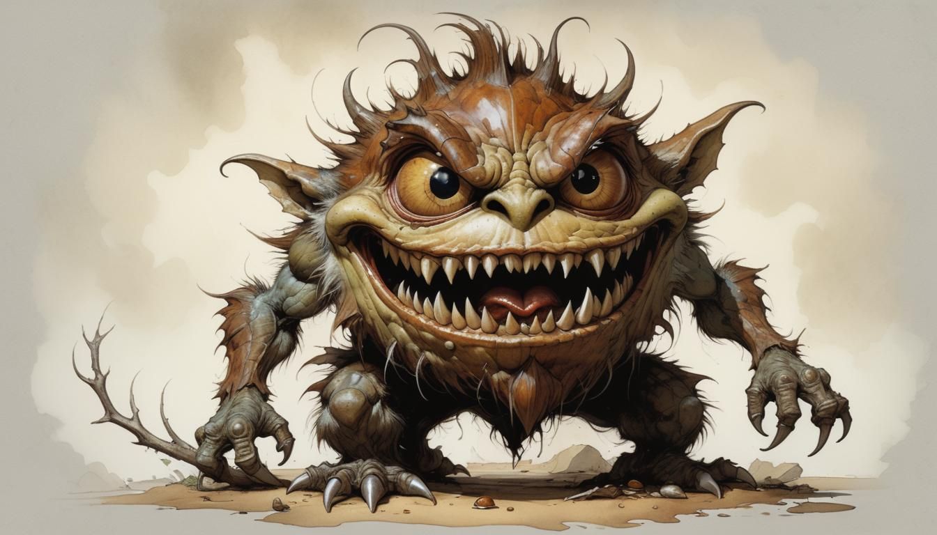 Cute Troll of the forest overgrown with mushrooms and berries, big eye