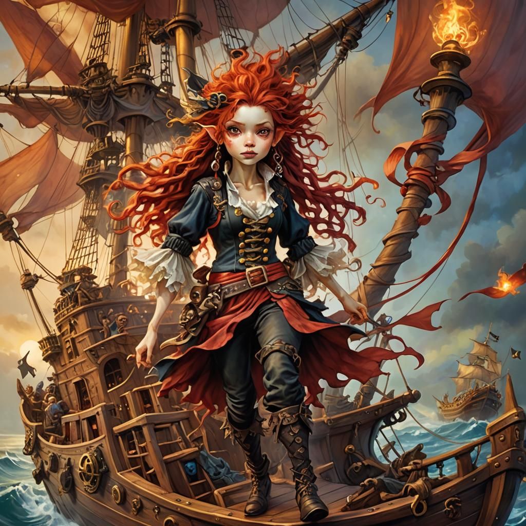 Pixie Pirate on Flying Ship: Whimsical Fantasy Art