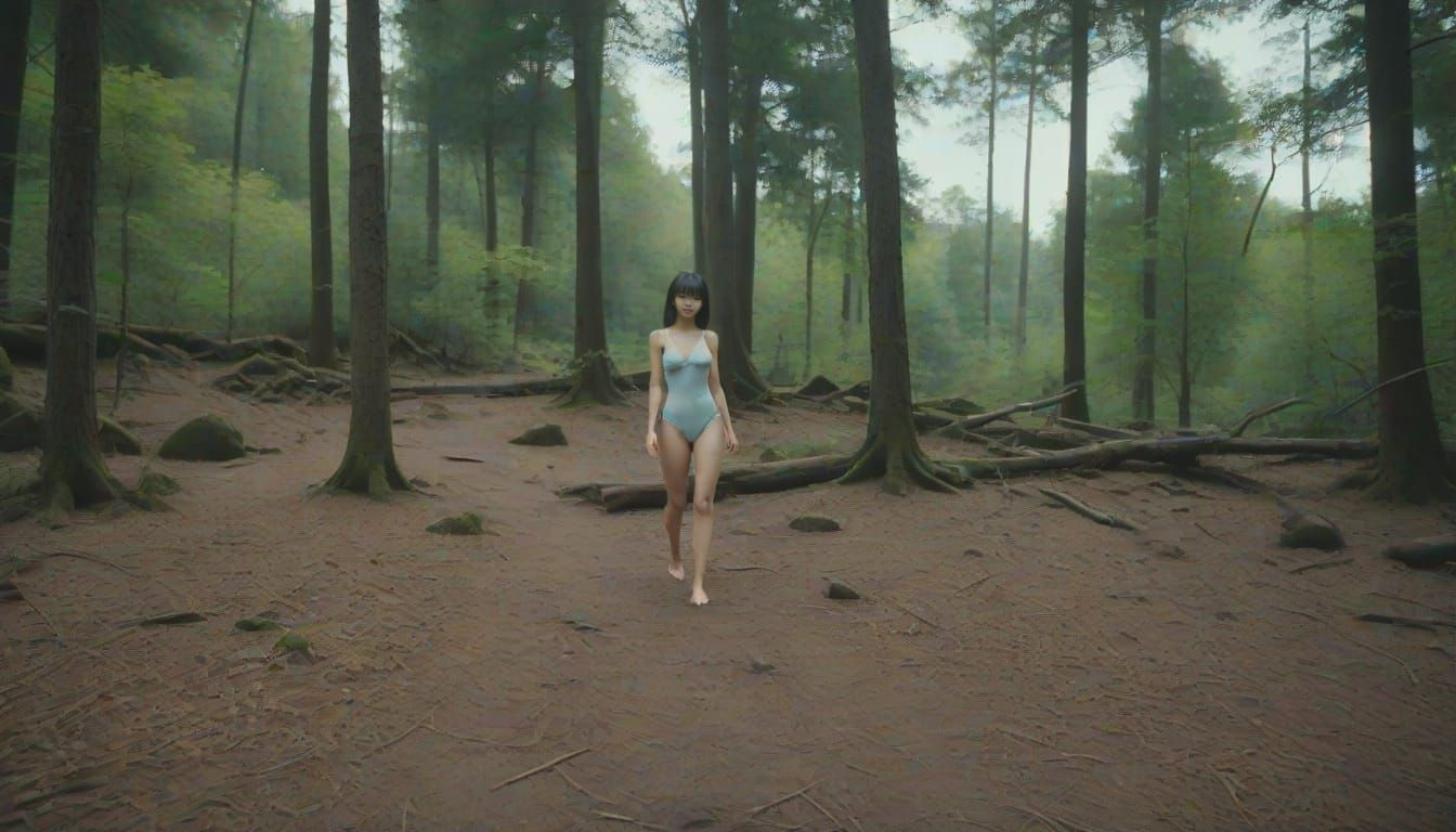 Asian Girl walks alone in the Forest