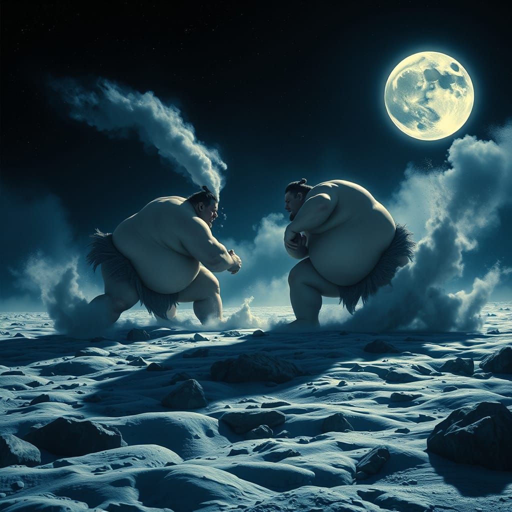 A massive sumo wrestling tournament taking place on the surface of the Moon, with two colossal sumo wrestlers locked in ...