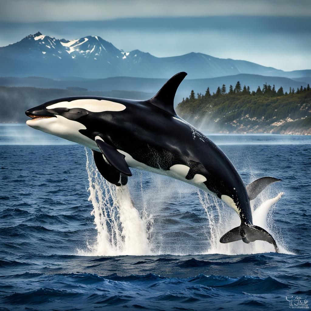 A majestic killer whale breaching the surface, surrounded by...