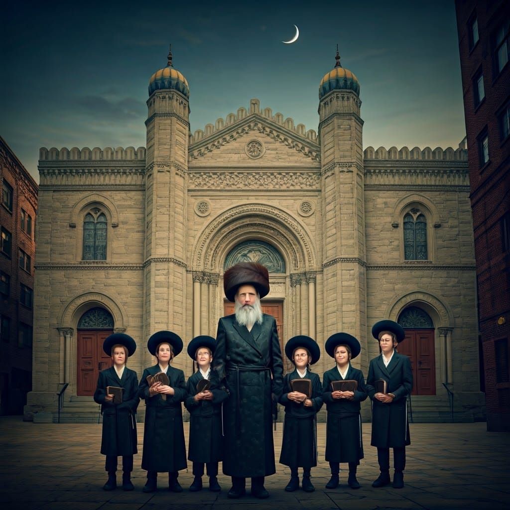 יהודי חרדי חסידי לבוש מסורתי עם שטריימל בראשו ועוד עשרה נערים חרדים עם ספרים בידם כולם מסתכלים למעלה על הירח כשהוא מאוד ...