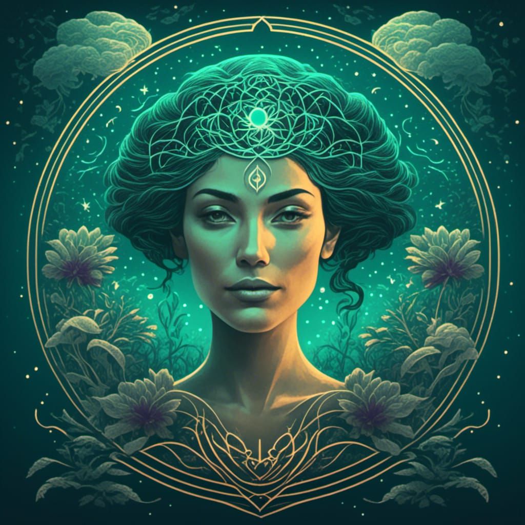 Mystical Turquoise Woman in Dark, Futuristic Setting