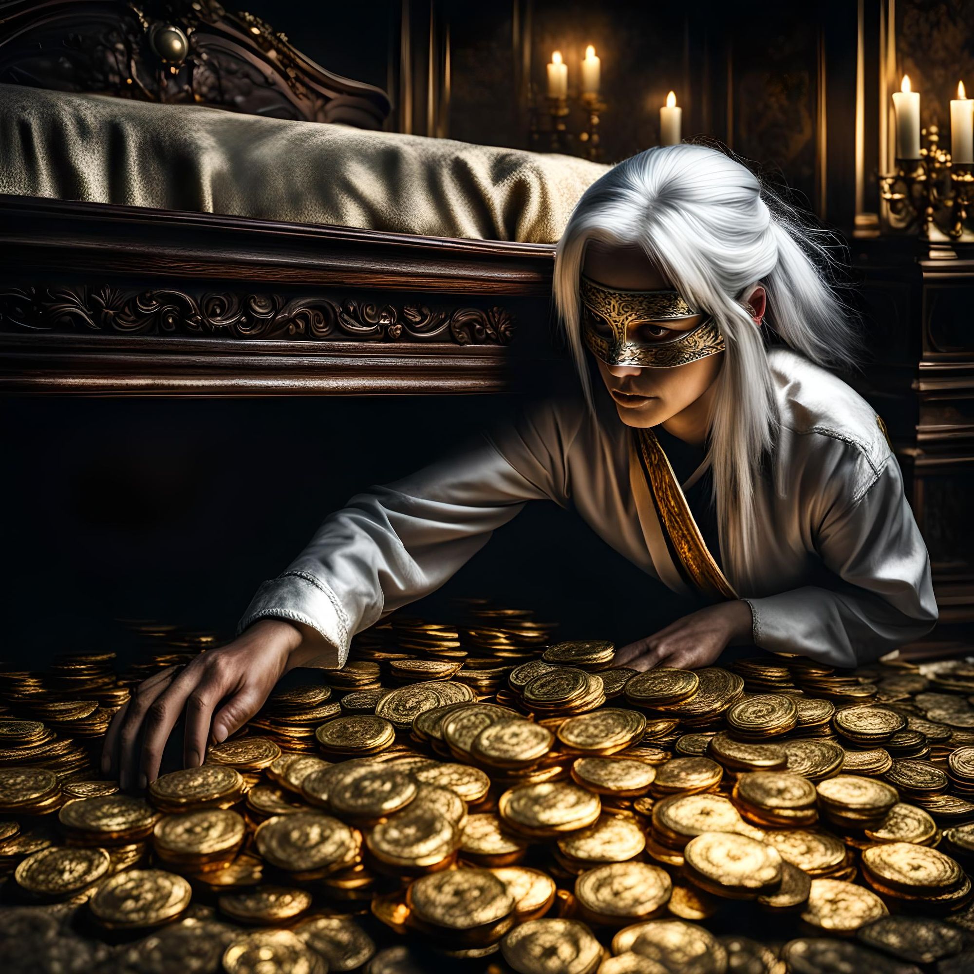 A woman with white hair and a thief's blindfold hides gold under the bed