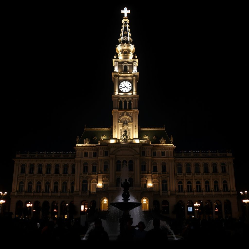 A night view of a large, ornate building