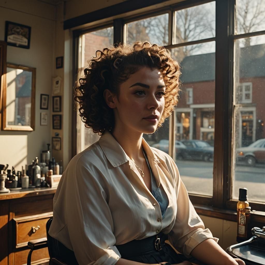 A curly-haired young woman sitting in a vintage barbershop, with a look of serene determination as her head is shaved down the middle, contr...
