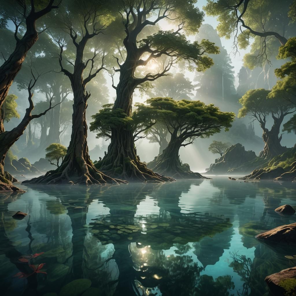 Breathtaking Fantasy Landscape with Reflected Trees