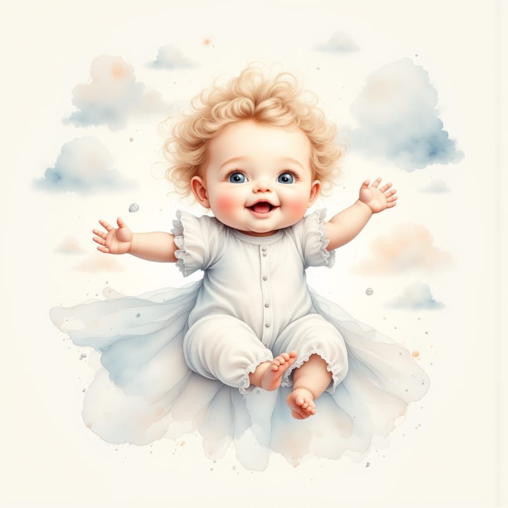 Baby in Clouds: Watercolor Illustration in Pastel Tones