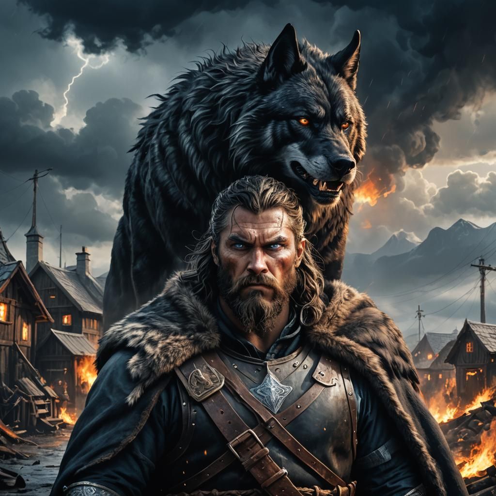 A realistic dark fantasy portrait of Thorvik, the Sea Wolf, a Viking warrior with rugged features, black ...  by @undefined